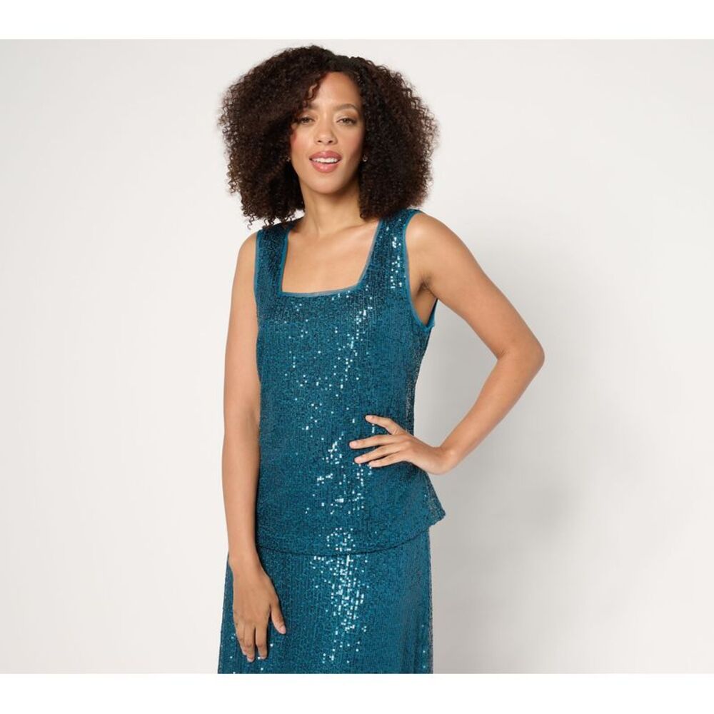 Isaac Mizrahi Live! Women's Top Sz XL Always Knit Sequin Square Neck Blue